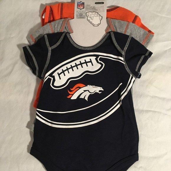 sz0-3 NWT DEFECTS NFL DENVER BRONCOS 3 PIECE CREEPER SET ORANGE BLUE NM 03083